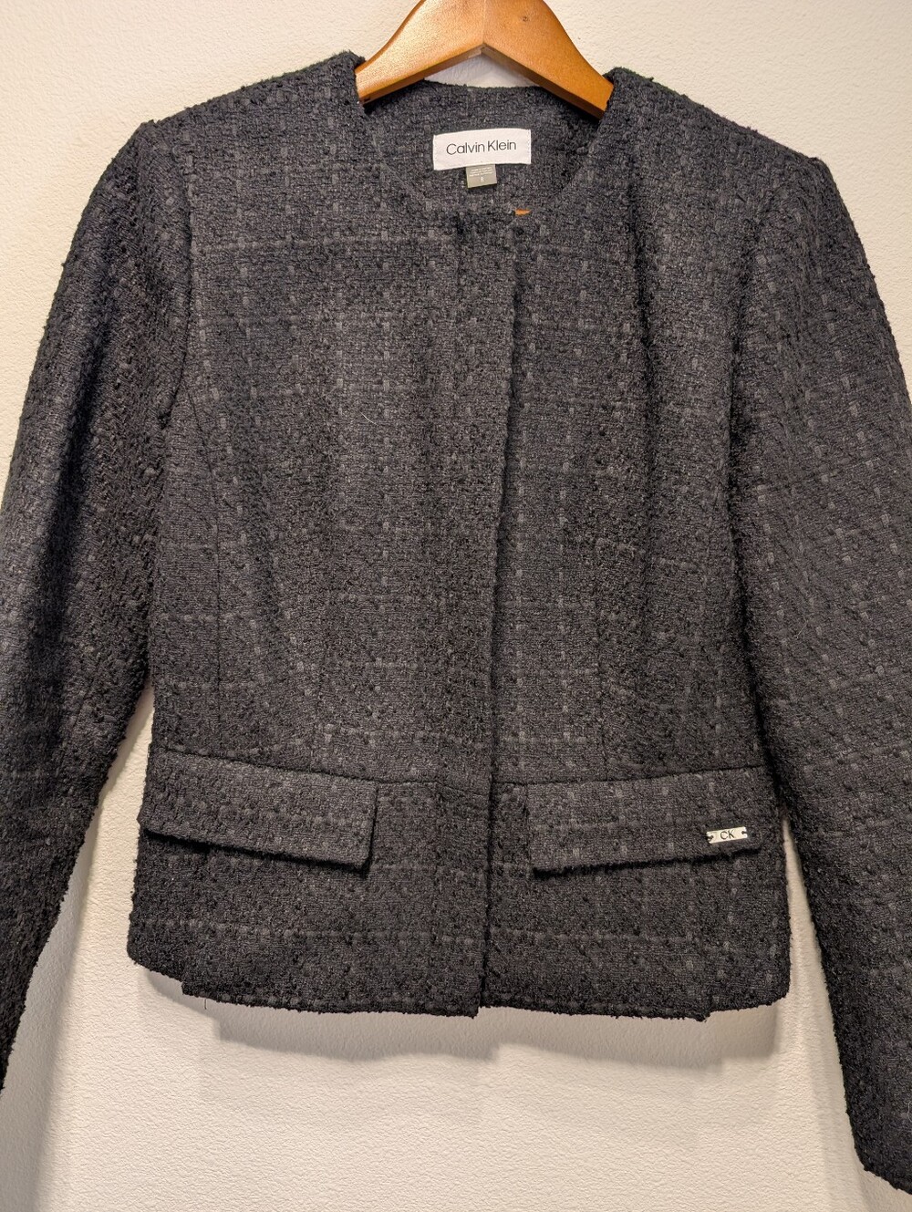 Calvin Klein Women's Black Bouclé Collarless Blazer